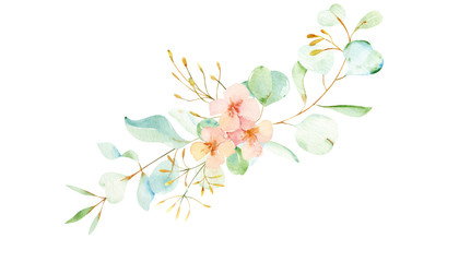 Watercolor wedding isolated bouquet with eucaliptus leaves and branches and Protea flowers © Olga