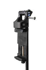 The old tripod is damaged and then repaired with hot glue. On a white background