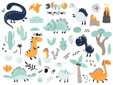 Set of cute dinosauts, foliage, volcano, cactus