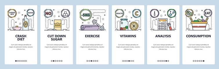 Mobile app onboarding screens. Healthy lifestyle, exercise, vitamins, crash diet, vitamins. Menu vector banner template for website and mobile development. Web site design flat illustration