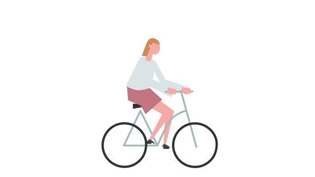 Flat cartoon colorful woman character animation. Girl ride bike cycle situation