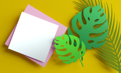 Piece of paper for text or picture mockup on yellow background with  monstera and palm leaves. 3D rendering.