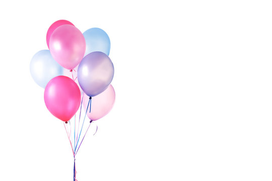 Pastel color balloons bunch isolated on white, space for text