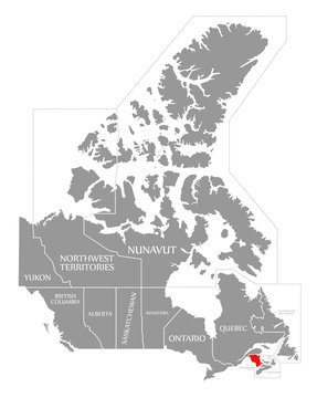 New Brunswick red highlighted in map of Canada