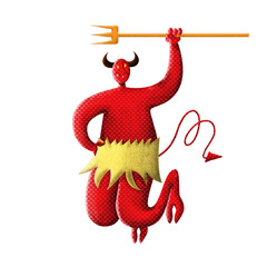 satan illustration demon red monster with twisty tail wearing a rag big horns holding a trident grinning flying demon