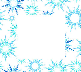 Fototapeta na wymiar Christmas frame with snowflakes on white background with space for text. Watercolor illustration for postcards, posters and invitations.