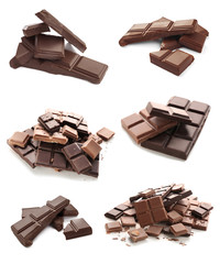 Different chocolate pieces on white background