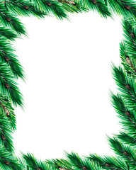 Fototapeta na wymiar Christmas frame with green fir branches on white background with space for text. Watercolor illustration for design of postcards, invitations or posters.