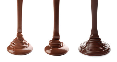 Pouring delicious molten chocolate on white background