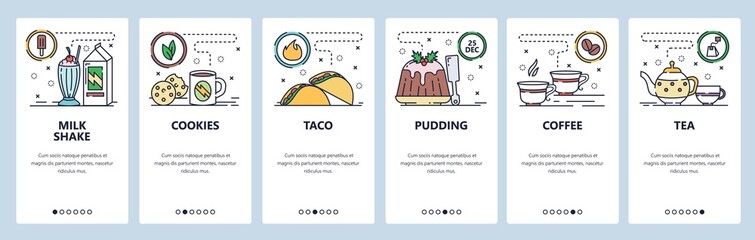 Mobile app onboarding screens. Breakfast meal, milk shake, pudding, coffee and hot tea pot. Menu vector banner template for website and mobile development. Web site design flat illustration - obrazy, fototapety, plakaty