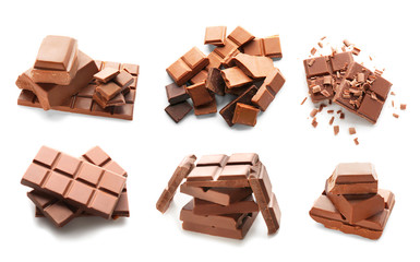 Different chocolate pieces on white background
