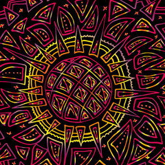 Round ornament, spinning, asian. Bright outline drawn by hand. Mandala on a black background.