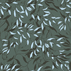 Seamless floral pattern. Ornament of leaves on a green background. Endless textile ornament for fabrics, tiles and paper and wallpaper on the wall.