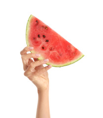 Female hand with piece of juicy watermelon on white background