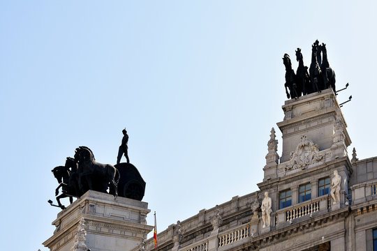Horses of the quadrigas building on Alcala street in Madrid, Spain. Europe. Previously BBVA Tower or Bank of Bilbao Tower. September 20, 2019