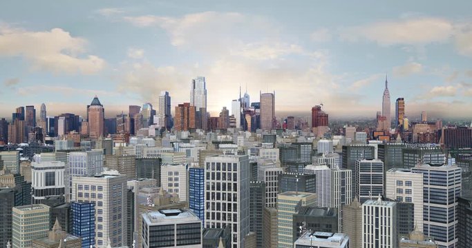 Crowded 3D Metropolitan City Aerial Camera Flight - Timelapse. Social And Industry Related 4K Computer Animation