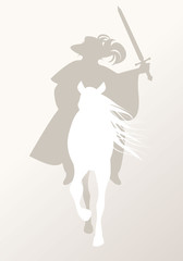 Silhouette of knight riding white horse, sword in hand, wearing old clothes and feather hat