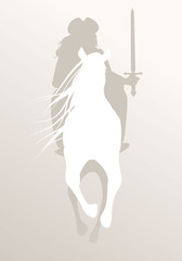 Silhouette of knight riding white horse, sword in hand, wearing hat and old clothes
