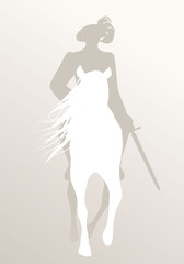 Fototapeta na wymiar Silhouette of knight riding white horse, sword in hand, wearing old clothes and feather hat