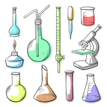Laboratory equipment, glassware hand drawn illustrations set
