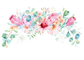 Watercolor wedding isolated bouquet with eucaliptus leaves and branches and Protea flowers