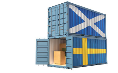 Two freight container with Scotland and Sweden flag. Isolated on white - 3D Rendering