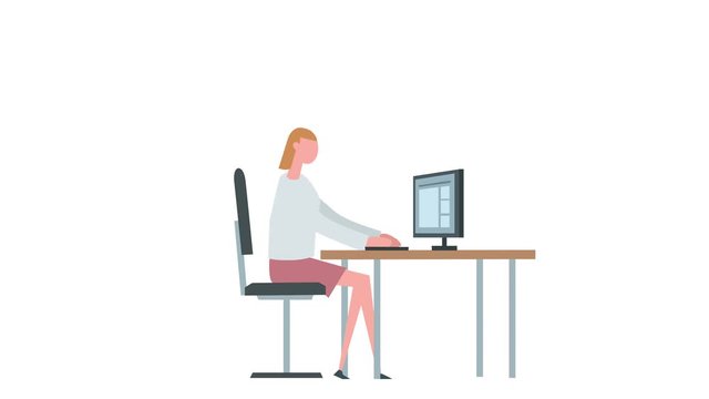 Flat cartoon colorful woman character animation. Girl female computer typing work situation