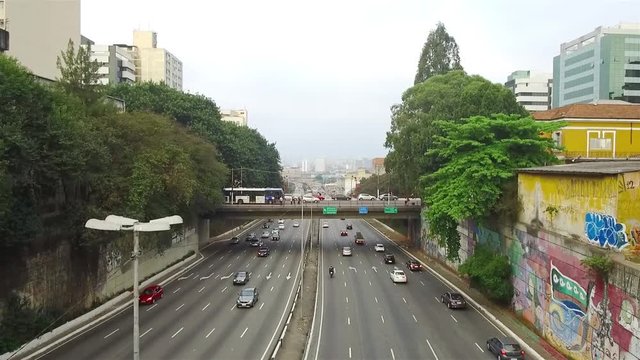 View of Highways and Bridges with Many Vehicles in Sao Paulo - Hand Held 