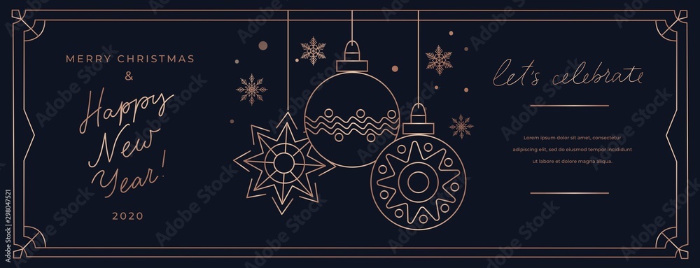 Wall mural Lets celebrate Merry Christmas linear banner template vector illustration. Happy New Year greeting card with Xmas ball and snowflake in golden frame line. Winter poster with best wishes on holiday