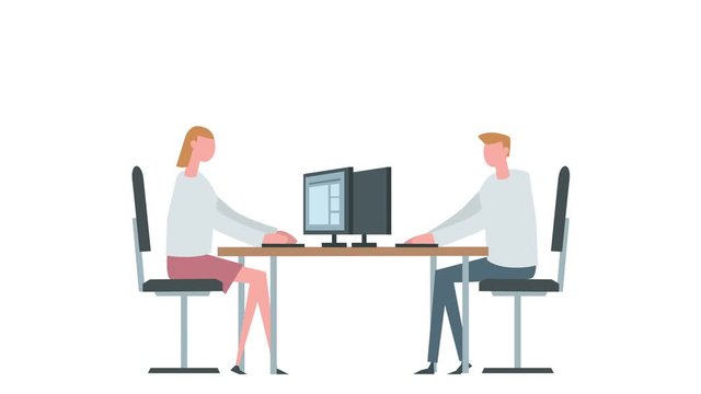 Flat cartoon colorful woman and man characters animation. Computer typing work office situation