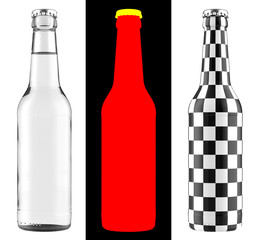 Clear White Glass Bottle with a Clear Liquid. Long Neck 12oz (11 oz) or 355 ml (330 ml) volume. Isolated 3D Render on White. The Layout Kit Includes Alphas and Checker for Accurate Labeling.