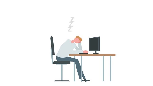 Flat cartoon colorful man character animation. Male sleep near the computer situation