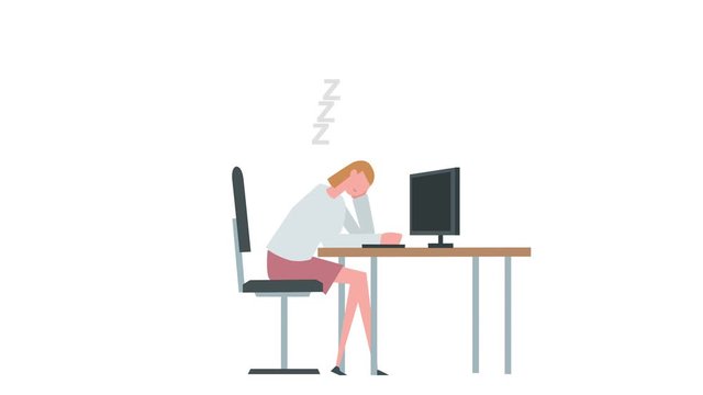 Flat cartoon colorful woman character animation. Girl female sleep near the computer situation