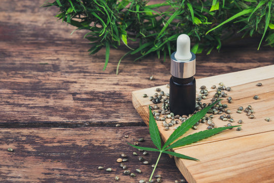 CDB Concept. Thai cannabis. A hemp oil bottle that is placed combined with seeds and peaks on a brown wooden floor.