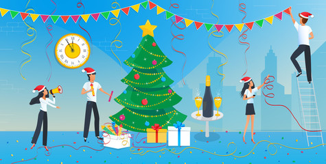 Holiday Vector illustration of group of business people are preparing for the christmas party and decorating christmas tree in the corporate office at work. New year 2020 celebration.