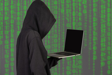 The hacker is carrying a notebook with a gray background.