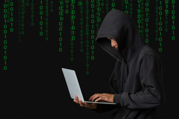 The concept of cyber theft. The hacker who is carrying the notebook.