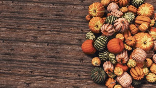Top view of colorful autumn pumpkins for sale at country market on wooden background with copy space. Organic food and decoration for Halloween and Thanksgiving concept 3D animation rendered in 4K