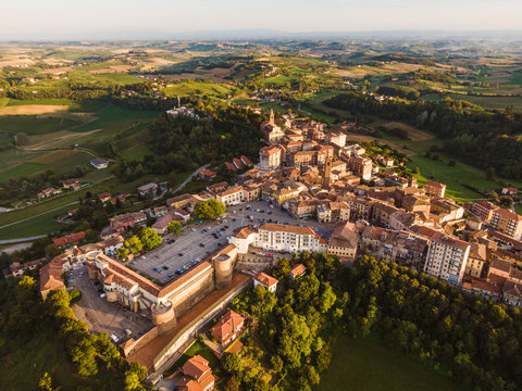Drone aerial view of Moncalvo Monferrato, unesco world heritage