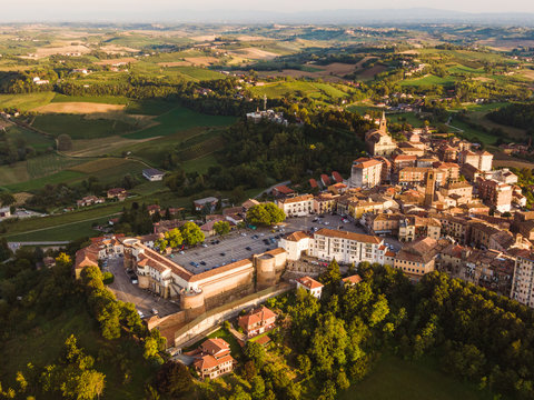 Drone aerial view of Moncalvo Monferrato, unesco world heritage