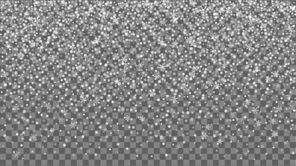 Christmas falling snow isolated on dark transparent background. Magic winter snowfall with snowflakes, overlay template for christmas and new year holidays