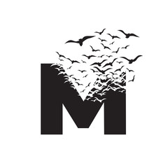 letter M with effect of destruction. Dispersion. Birds