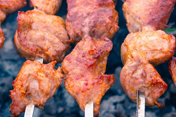 marinated roasted meat on coals