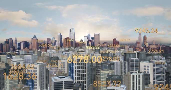 Flying Numbers All Over The Metropolitan City - Timelapse. Technology And Business Related 4K Computer Animation