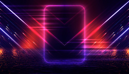 Empty background scene. Dark street reflection on wet asphalt. Rays of neon light in the dark, neon shapes, smoke. 