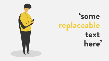 Vector illustration of a man standing and looking at his tablet with text placeholder