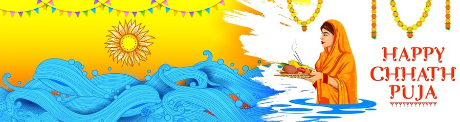 Fototapeta na wymiar illustration of Happy Chhath Puja Holiday background for Sun festival of India