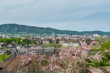 Panorama of city view of old downtown of Zurich city, with beautiful house at the bank of Limmat...