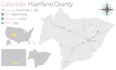 Fototapeta premium Large and detailed map of Huerfano county in Colorado, USA