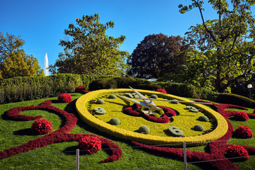 Flower clock in Geneva, Switzerland. - 298055758